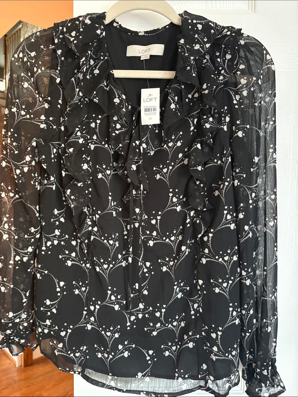 LOFT Black Sheer Ruffle Blouse with White Floral Dot Print